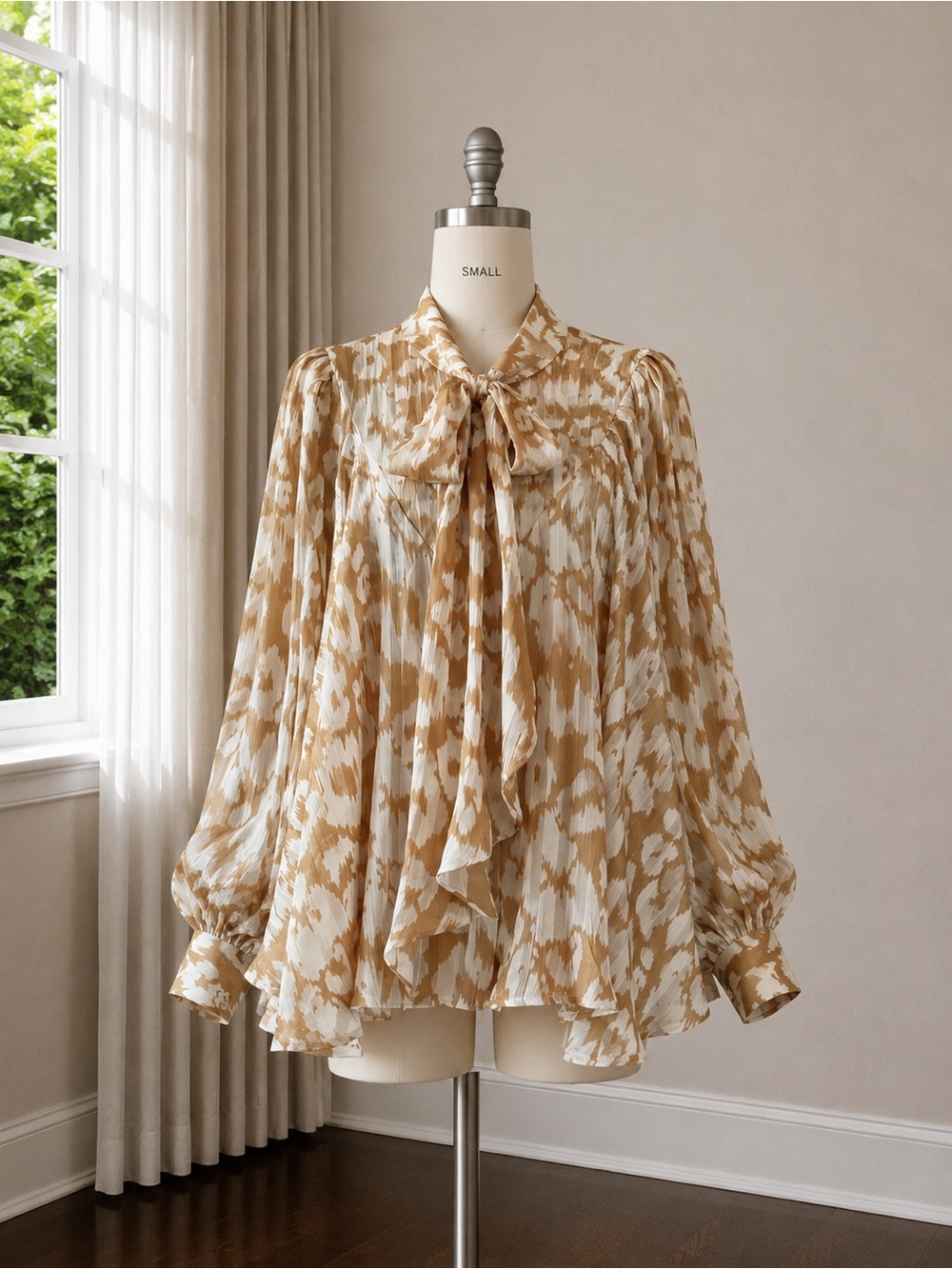 NWT Beulah Cream and Tan Tie-Neck Pleated Blouse ORIGINAL PRICE $199